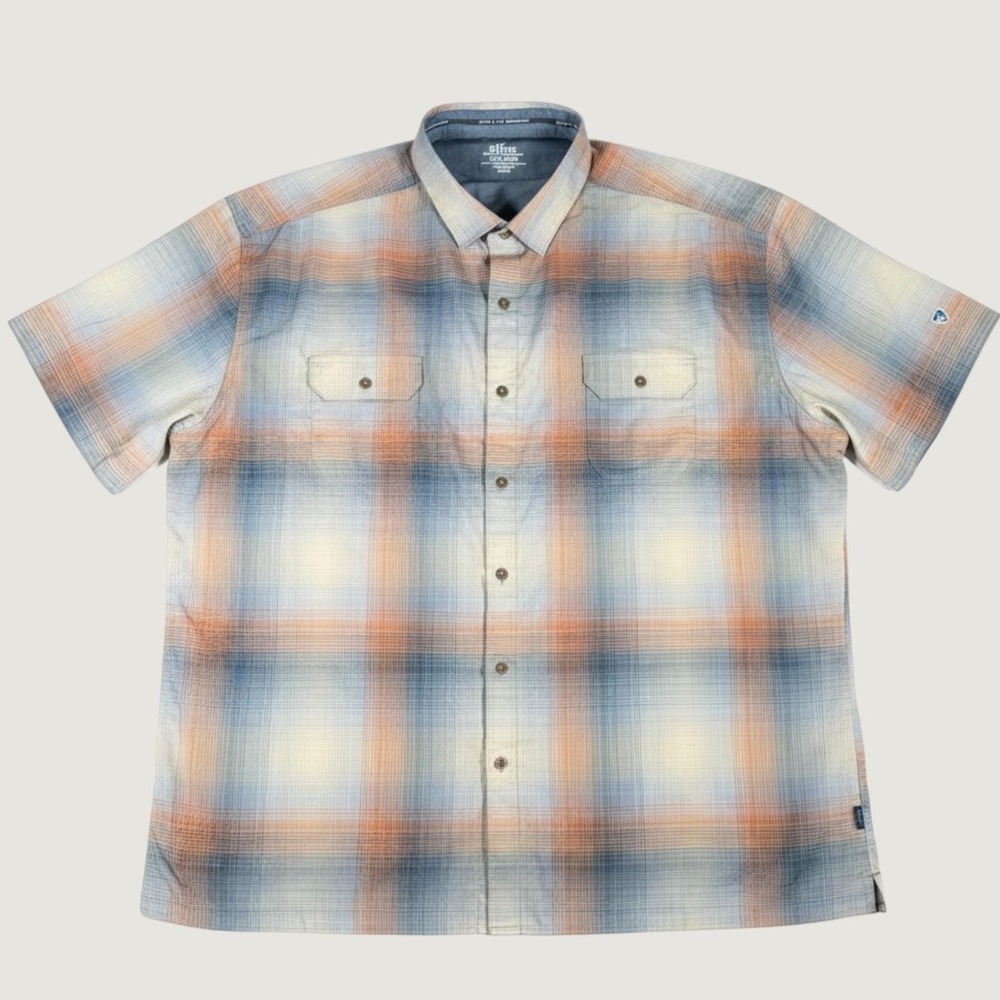 Kuhl Mens XXXL Short Sleeve Plaid Button Up Shirt Blue Orange Ventilated Hiking